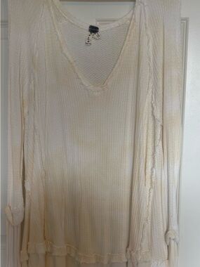Free People We The Free Oversize White/Cre Waffle Knit Top High Low Ruffle Hem S